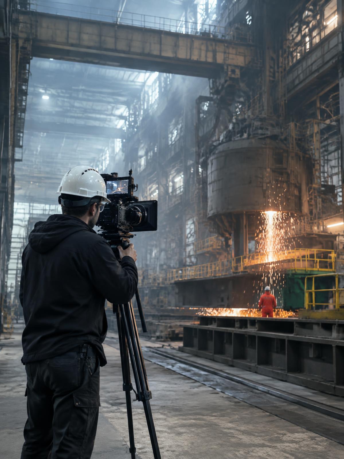 Camera operator filming inside a large manufacturing facility